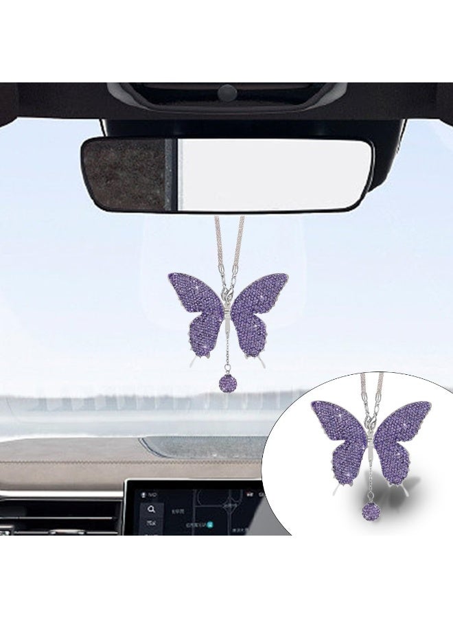 بلينج فراشة الماس السيارة معلقة الملحقات، كريستال فراشة المرآة الخلفية حظ السيارة ديكور الملحقات للنساء، عيد الحب يقدم قلادة الزينة لجميع السيارات (أرجواني) - Image 1